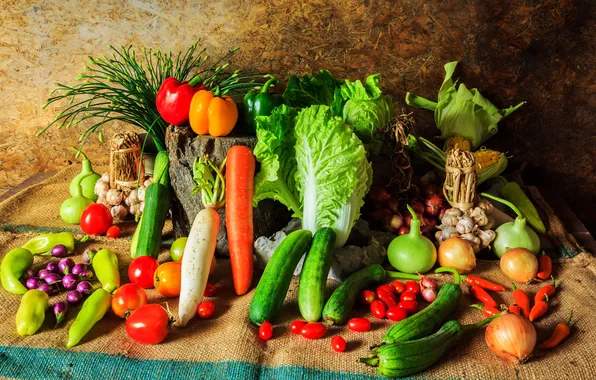 Picture corn, harvest, bow, pepper, still life, vegetables, tomato, garlic