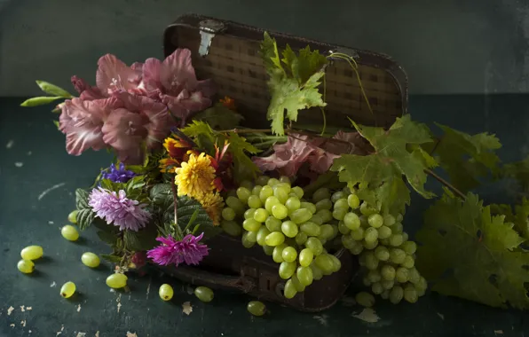 Flowers, berries, grapes, suitcase, dandelions, gladiolus