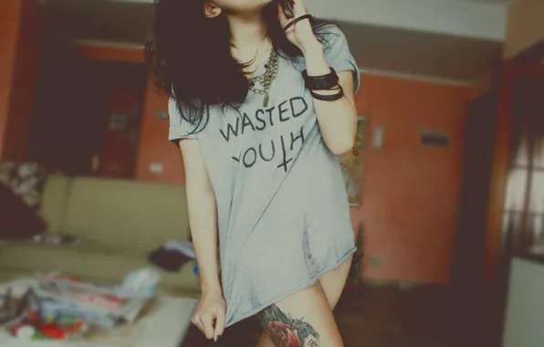 Girl, room, tattoo, t-shirt