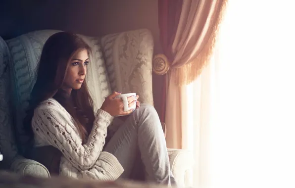 Picture girl, comfort, room, chair, window, mug, curtains