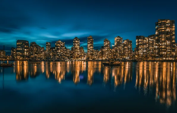 The sky, clouds, light, night, the city, lights, reflection, blue