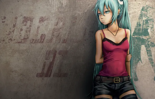 Wall, vocaloid, hatsune miku, green hair, Vocaloid