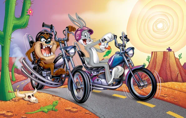 Picture Rabbit, Motorcycle, Cartoon, Taz, The Tasmanian devil, Looney Tunes, Bugs Bunny, Bugs Bunny