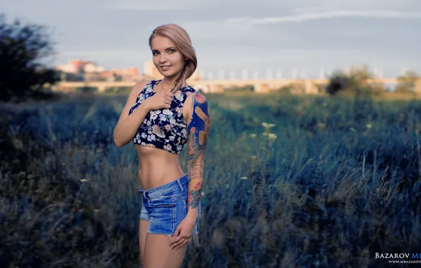 Model, Tattoo, Pose, Shorts, Mikhail Bazarov, Woman Outside