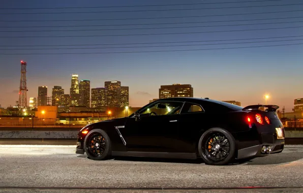 The city, lights, supercar, black, R35, Nissan GTR