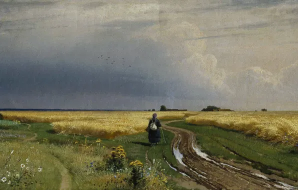 Road, field, flowers, birds, clouds, grass, Shishkin, 1866