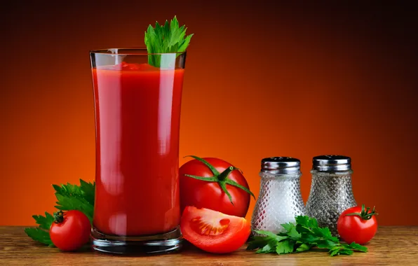 Picture glass, tomatoes, parsley, tomato juice