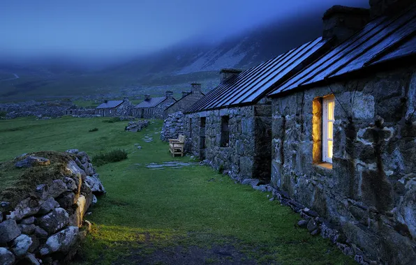 Picture light, stones, green grass, roof, window, structure, stone houses