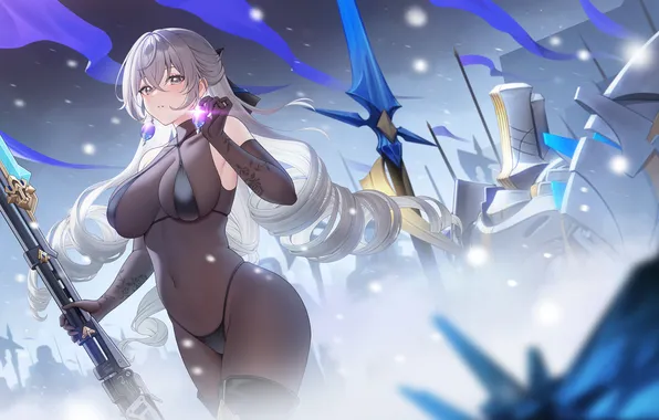 Armor, long hair, anime, snow, flag, big boobs, standing, anime girls