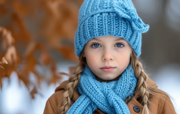 Winter, look, leaves, branches, face, blue, hat, portrait