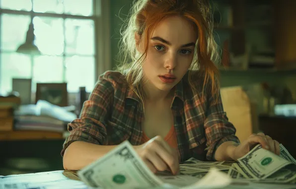 Look, girl, table, hair, money, dollars, digital art, AI art