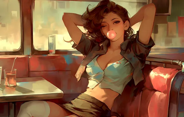 Girl, cleavage, brown eyes, brunette, drink, digital art, artwork, table