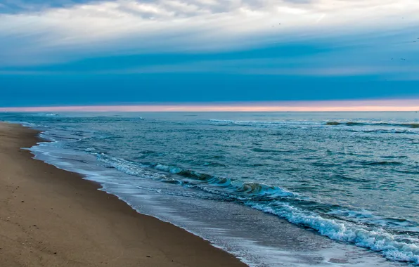 Sand, sea, wave, beach, the sky, clouds, blue, shore