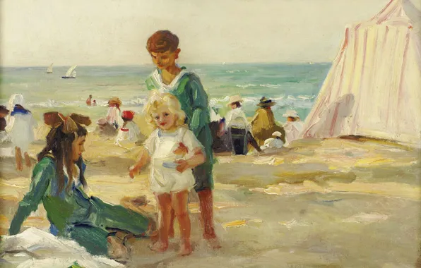Sea, stay, picture, tent, On the beach in Deauville, Paul Michel Dupuy, Paul Michel Dupuy