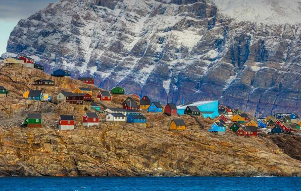 Sea, mountains, rock, home, Greenland, Umanak