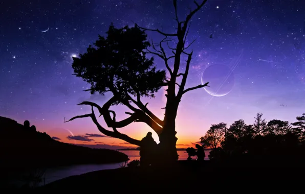 Stars, sunset, river, people, tree, planet, telescope