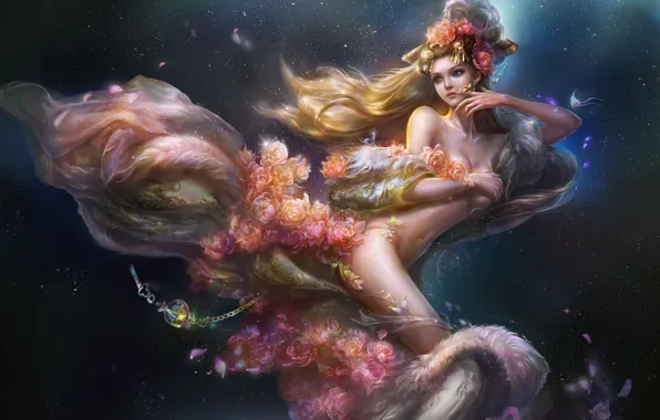 Girl, stars, decoration, flowers, art, rongrong wang, rong rong