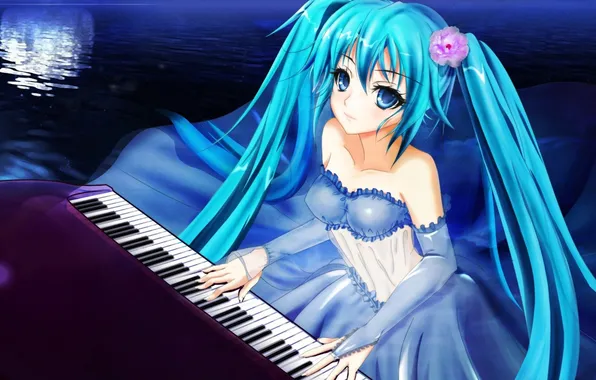 Water, night, the moon, anime, piano, art, vocaloid, hatsune miku