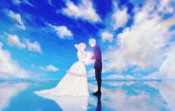 The sky, girl, clouds, reflection, anime, art, guy, two