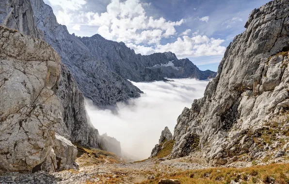 Clouds, mountains, stones, rocks, Bayern, Alps, path, Zugspitze