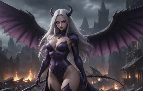Girl, fire, the demon, ruins, demoness