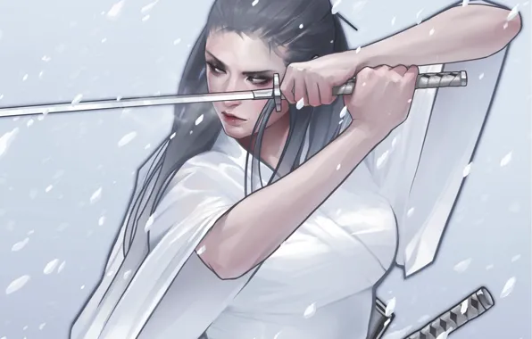 Picture look, girl, snow, weapons, katana, art, kimono