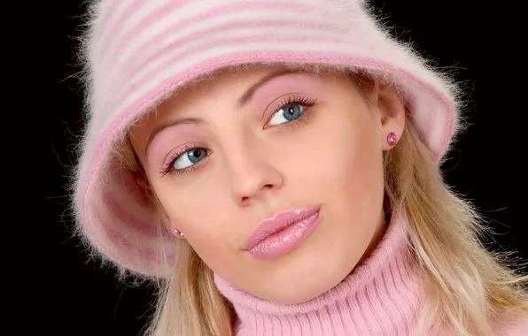 Girl, hat, portrait, makeup, blonde, black background, sweater, closeup