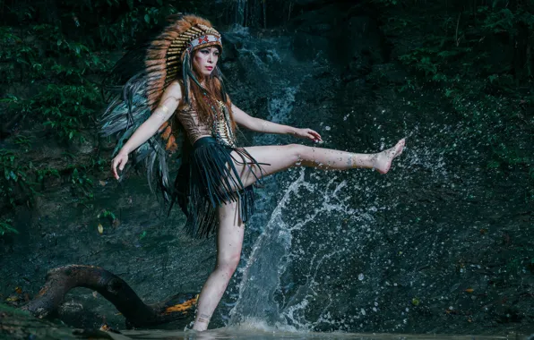 Picture water, girl, squirt, style, feathers, legs, headdress