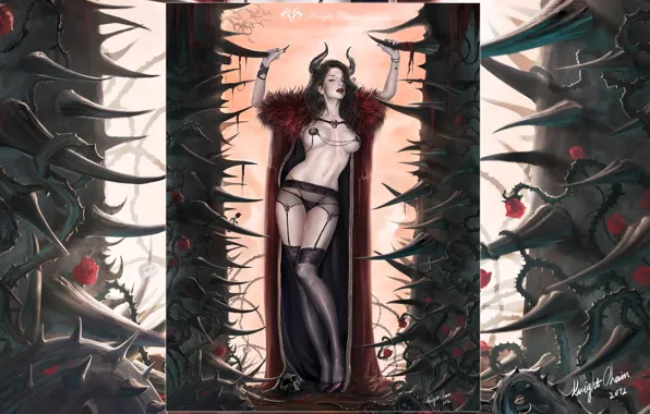 Roses, Girl, spikes, horns, skull, cloak