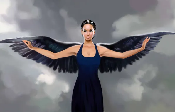 Look, girl, face, fiction, wings, angel, hands, dress