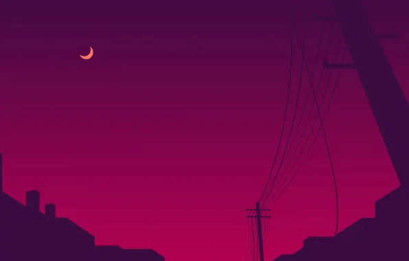 Purple, night, the city, lilac, pink, the moon, posts, wire