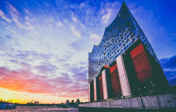 The sky, clouds, sunset, the city, river, the building, Germany, Elba