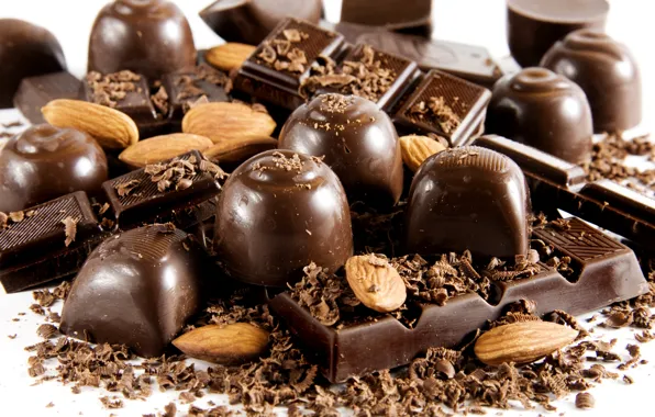 Black, dark, chocolate, candy, nuts, almonds, sweet, chocolate