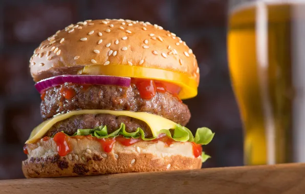 Picture glass, beer, hamburger, Maxim Chikunov, double burger