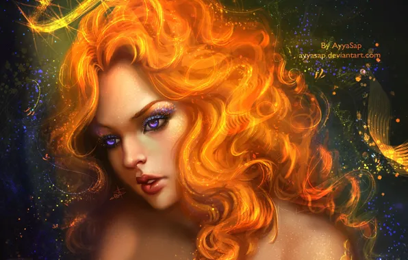 Picture AyyaSap, Mermaid Queen, art, mermaid, crown, red hair, girl, scales