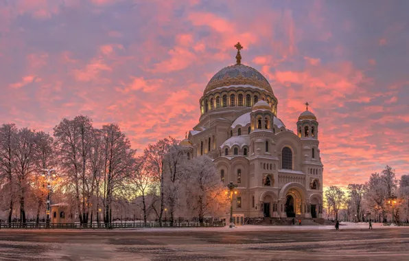 Picture winter, trees, dawn, morning, temple, Russia, Naval Cathedral of St. Nicholas, Kronstadt