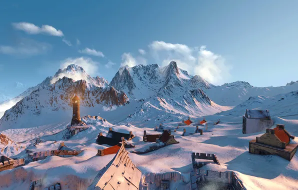 Picture snow, mountains, lighthouse, the witcher 3 wild hunt