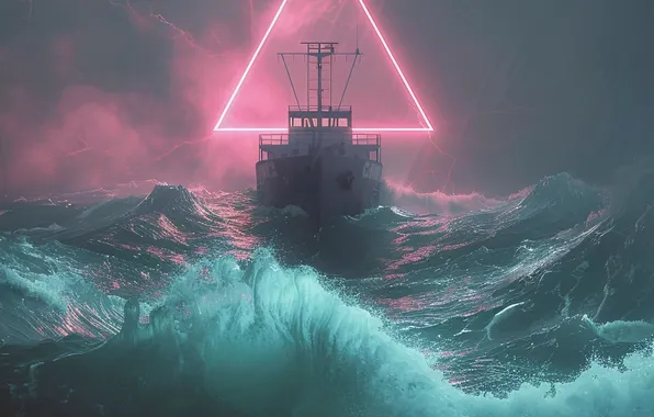 Sea, Wave, Lightning, Ship, Rain, Storm, The portal, Digital art