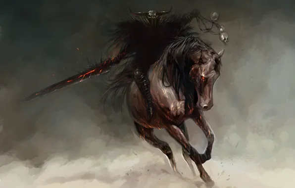 Darkness, background, fire, horse, sword, skull, helmet, Horseman of the Apocalypse