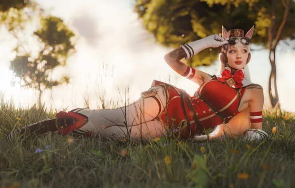 Picture red, women, cosplay, white hair, looking away, lying on side, arm support, Alin Ma