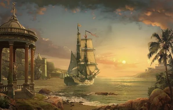 Sea, landscape, sunset, palm trees, ship, sailboat, art, columns