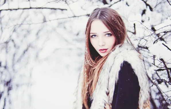 Girl, snow, trees, branches, nature, makeup