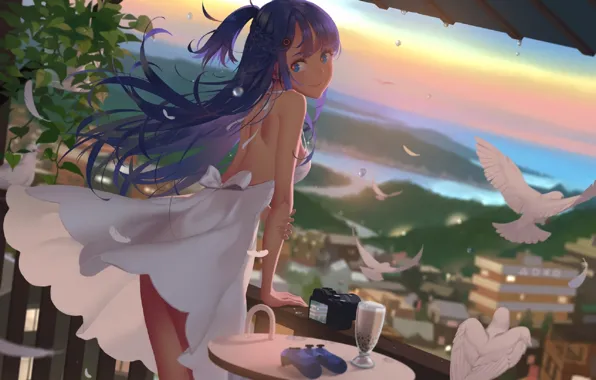 Picture summer, the camera, girl, binoculars, the view from the top, terrace, white doves, white sundress