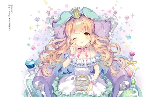 Chair, crown, girl, box, Princess, bow, long hair, wink