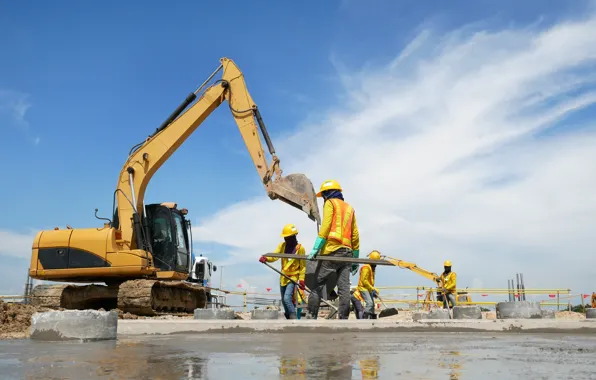 Picture workers, construction, excavator, yellow helmet