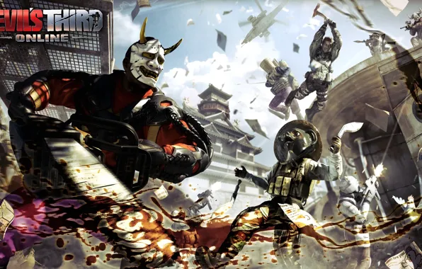 Picture the sky, clouds, weapons, jump, blood, battle, mask, logo