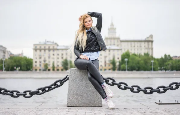 Picture face, the city, style, river, background, model, hair, jacket
