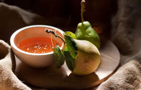 Bowl, fruit, pear, burlap, jam