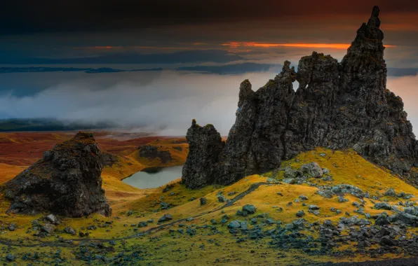 The sky, clouds, landscape, sunset, mountains, clouds, nature, fog