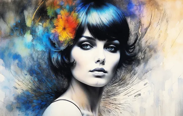 Look, girl, flowers, face, retro, portrait, hairstyle, blue hair
